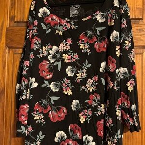 3X (24/26)Terra & Sky Womens Blouse Black Floral Long Sleeve Scoop Neck Pullover